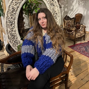 Chunky Knit Cardigan , Chunky Cardigan Patchwork , Unique&Wool , Merino Wool Cardigan , Knit Jacket for Woman and Men