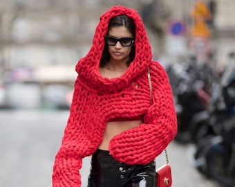Chunky Knit Merino Wool Hooded Sweater, Oversized Shrug