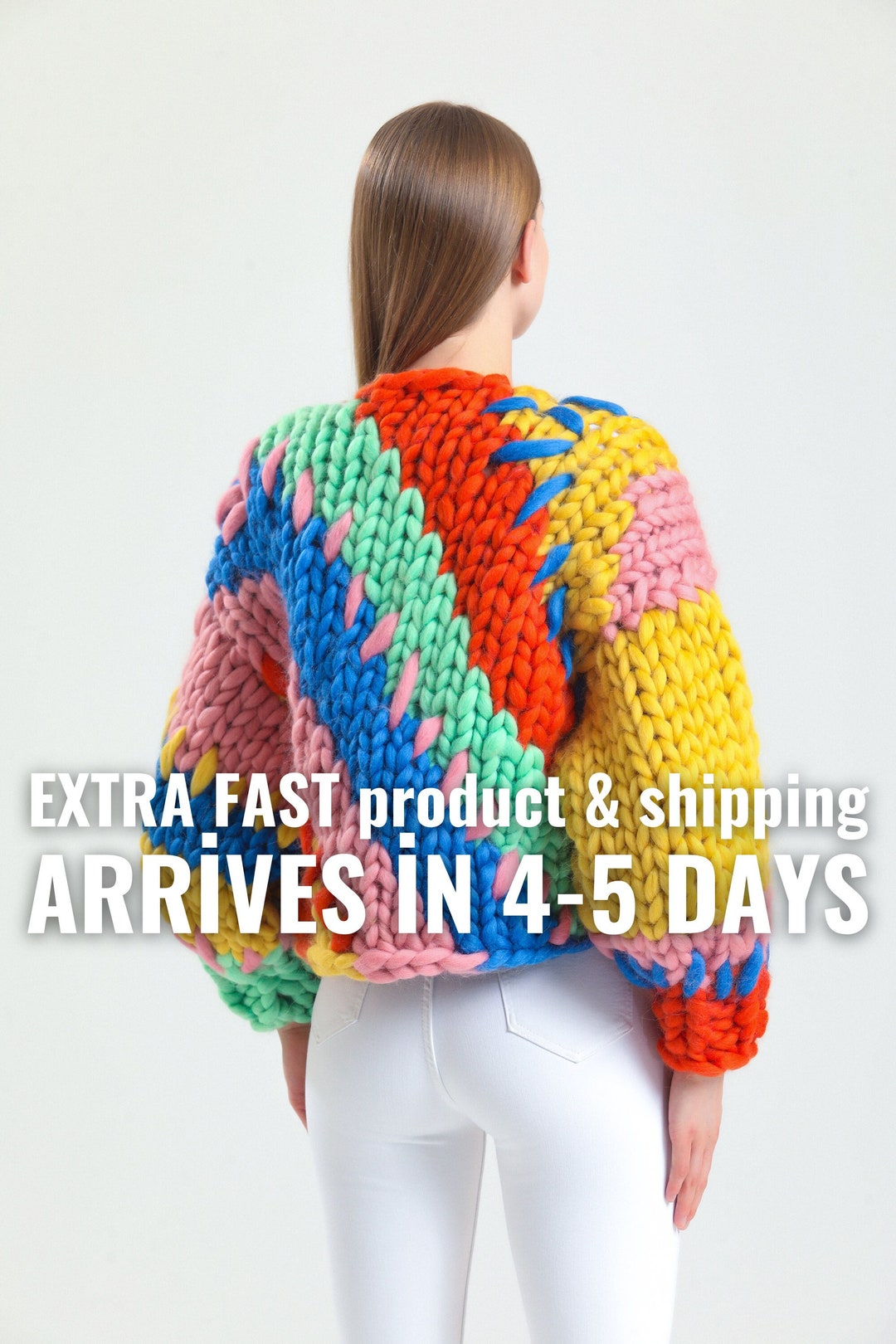 Chunky Knit Cardigan , Colorful Fluffy Sweater , Unique&wool