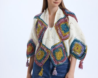 Handmade Granny Square Cotton Crochet Cardigan, Colorful Patchwork Design