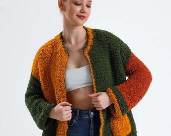 Chunky Knit Wool Cardigan, Patchwork Design