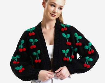 Cherry Embroidered Cardigan, Knit Cardigan, Knit Crop Jacket for Women, Cherry Crochet Sweater, Mothers day gift