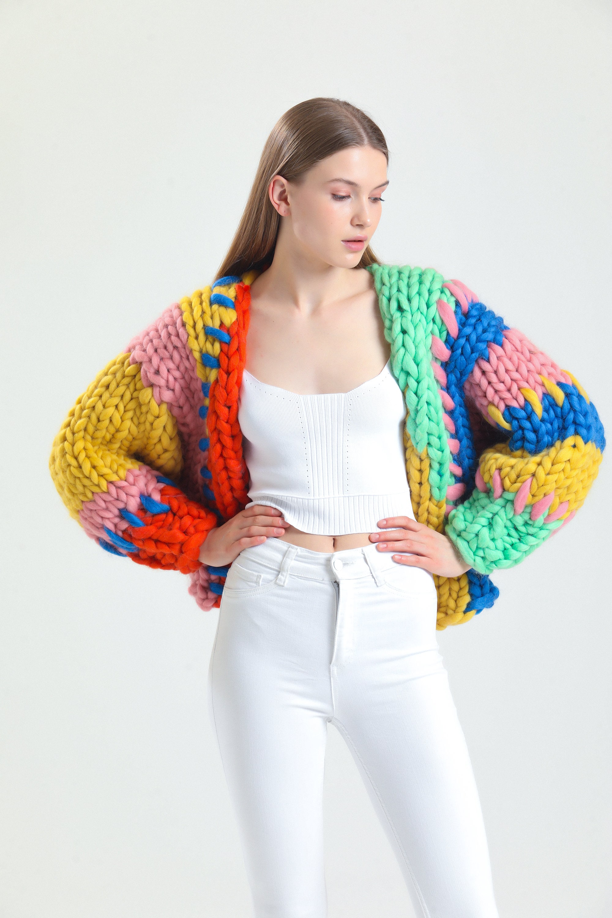Chunky Knit Cardigan , Colorful Fluffy Sweater , Unique&wool