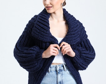 Hand Knit Chunky Wool Cardigan, Balloon Sleeves, Navy Blue Hoodie
