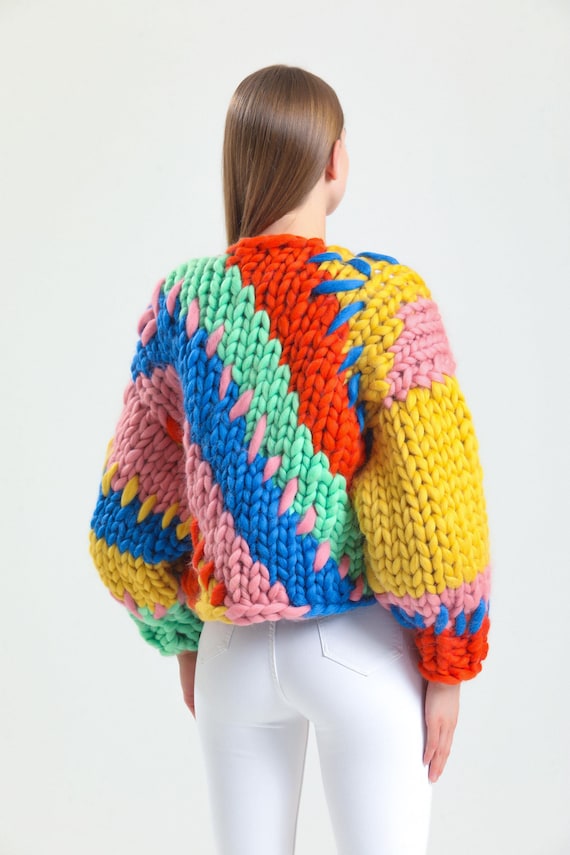 Handmade Chunky Knit Merino Wool Cardigan, Colorful Fluffy Jacket