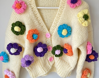 Cardigan floral tricoté à la main, veste en tricot marguerite, vêtements en tricot floral, cardigan en tricot d'été, cardigan court, cardigan à fleurs