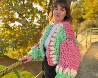 Handgemaakt grofgebreid merinowolvest, patchworkjack