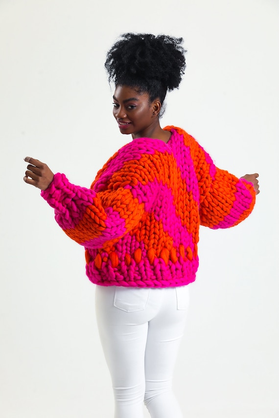 Chunky Knit Merino Wool Cardigan, Patchwork Design