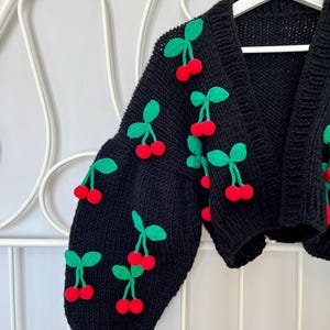 Cherry Embroidered Cardigan, Knit Cardigan, Knit Crop Jacket for Women, Cherry Crochet Sweater, Summer Cardigan, Mothers day gift, Mom gift