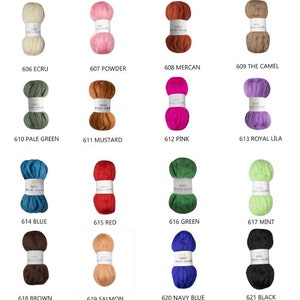 K&ouml;nnte beinhalten: Eine Sammlung von 24 Garnkn&auml;uel in verschiedenen Farben, darunter Gelb, Lavendelblau, Orange, Sax, Ecru, Puder, Merkan, Kamel, Hellgr&uuml;n, Senf, Pink, K&ouml;nigslila, Blau, Rot, Gr&uuml;n, Minze, Braun, Lachs, Marineblau, Schwarz, Azur, Dunkelgr&uuml;n, Rauch und Neon Gelb.