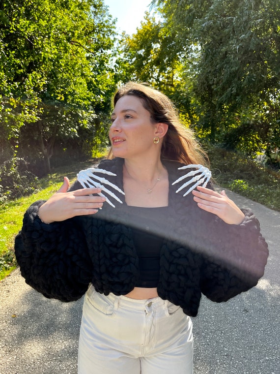 Chunky Knit Halloween Cardigan, 3D Skeleton Hands, Merino Wool