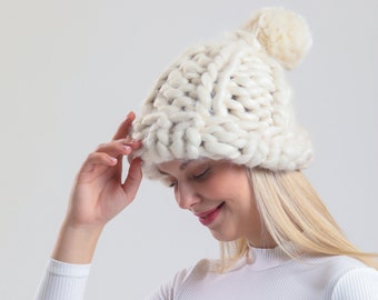 Chapeau d’hiver, bonnet en tricot chunky, chapeau en laine pour femmes, chapeau en tricot chunky, bonnet slouchy