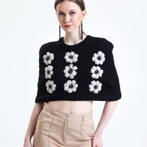 Suéter de poncho de bordado de punto a mano de lana, suéter de tops, encogimiento de hombros de mujer de punto, suéter de capas de bordado de ganchillo floral imagen 6