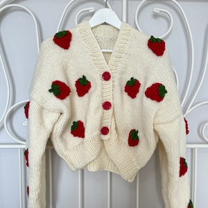 Strawberry Cardigan, Knit Cardigan, Knit Crop Jacket for Women, Cherry Crochet Sweater, Mothers day gift, Mom gift