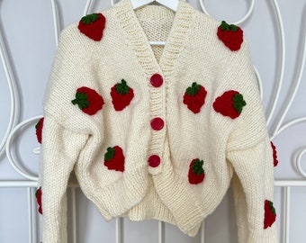 Strawberry Cardigan, Knit Cardigan, Knit Crop Jacket for Women, Cherry Crochet Sweater, Mothers day gift, Mom gift