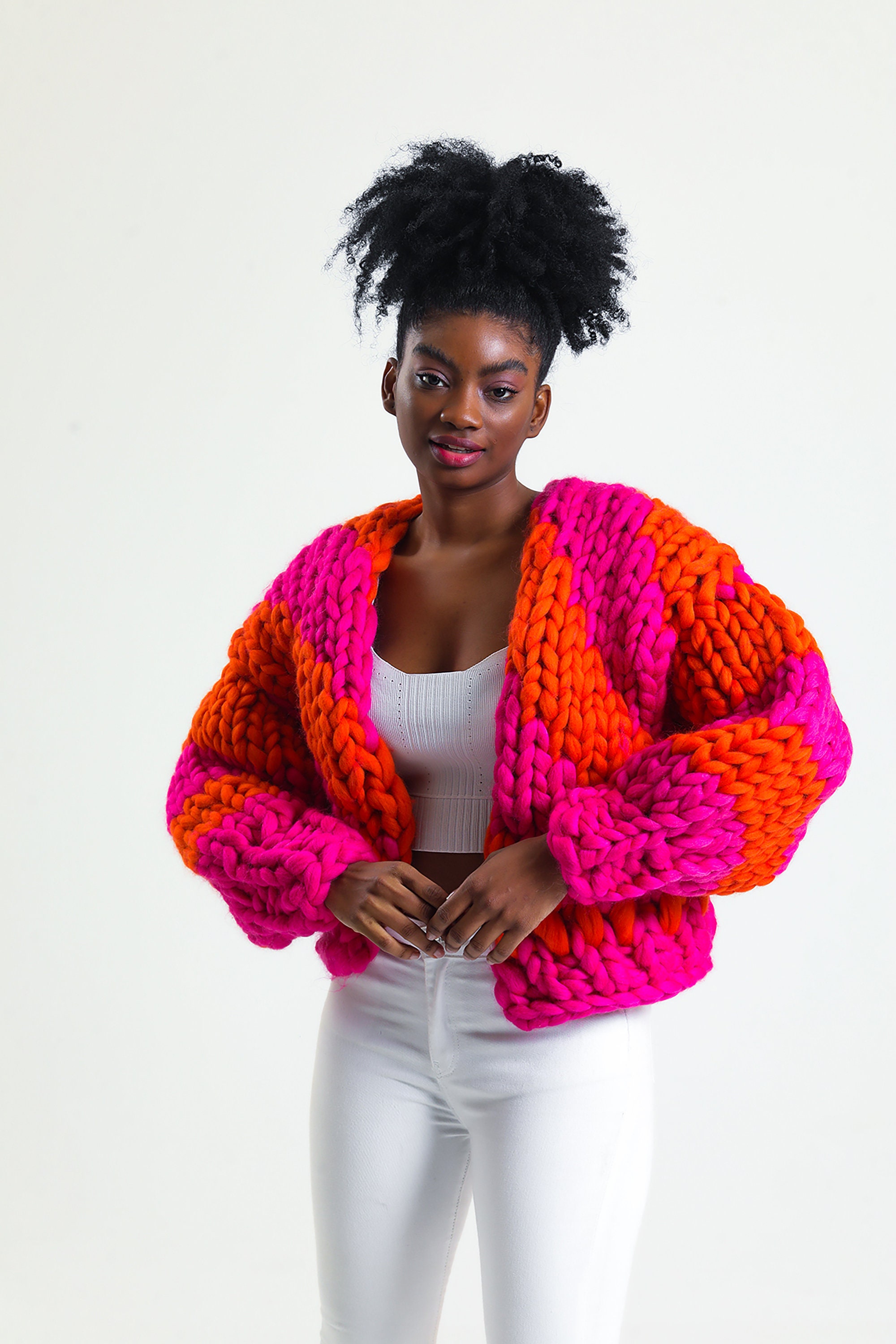 Chunky Knit Cardigan , Chunky Cardigan Patchwork , Merino Wool Cardigan , Knit Jacket for Woman