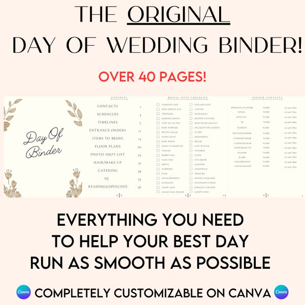 Day Of Wedding Binder! Completely Customizable Digital Download Template Canva | Wedding Day Planner | For Organized Bride and Groom