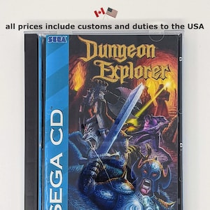 May include: A SEGA CD game case for "Dungeon Explorer." The cover art features a fantasy scene with warriors, monsters, and a large sword. The game title is in a stylized font. The case is in a clear plastic sleeve.