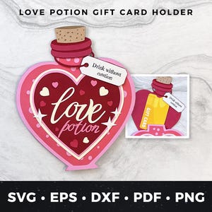 May include: A pink and red heart-shaped love potion bottle gift card holder with a cork stopper and a tag that says "Drink without caution". The bottle is decorated with white stars and small pink hearts. The gift card holder is a digital download for crafting.