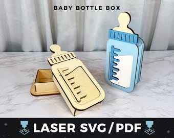 Archivo cortado a láser para caja de regalo de biberón, SVG DIY para baby shower, caja de regalo para fiesta, archivo Glowforge xTool, regalo para bebé, archivo láser para biberón de madera