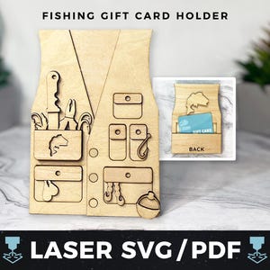 Portatarjetas de regalo de pesca SVG láser, chaleco de pesca, regalo de cumpleaños PDF, pesca deportiva, regalo de pescador, portamonedas para equipo de pesca, madera láser
