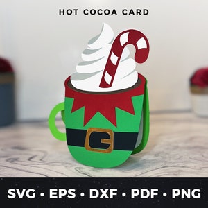 Tarjeta de elfo con taza de chocolate caliente svg, tarjeta de felicitación de elfo con chocolate caliente svg, tarjeta de elfo de Navidad svg, archivo de corte svg de tarjeta navideña de chocolate caliente, tarjeta linda svg