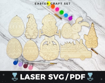 イースターオーナメントセット レーザーSVG、春の装飾カットファイル、子供向けイースタークラフト、ホリデーパーティーの装飾、レーザー木製イースターオーナメント