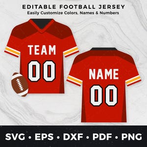 Könnte beinhalten: Rotes Football-Trikot-Design mit dem Text „TEAM“ und der Nummer „00“ auf der Vorderseite sowie „NAME“ und „00“ auf der Rückseite. Enthält eine braune Football-Grafik. Der Text „EDITABLE FOOTBALL JERSEY“ steht oben.