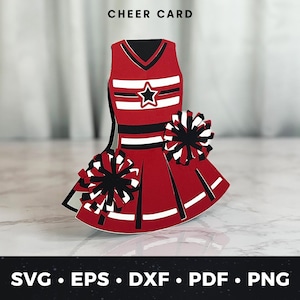 Könnte beinhalten: Eine rot-schwarze Cheerleader-Outfit-förmige Karte mit einem Stern und Pompons. Die Karte trägt oben die Worte "CHEER CARD" und unten Dateitypoptionen: SVG, EPS, DXF, PDF und PNG.