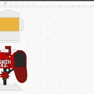 May include: A red and white mailbox with the words "North Pole" on the front. The mailbox has a red and white poinsettia flower and a white snow cap on top. The mailbox is on a white base with a black pole.