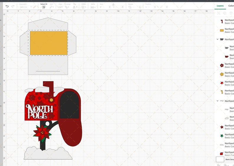 May include: A red and white mailbox with the words "North Pole" on the front. The mailbox has a red and white poinsettia flower and a white snow cap on top. The mailbox is on a white base with a black pole.
