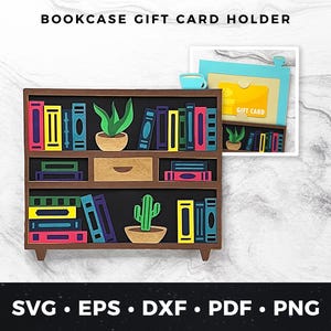 Porta-cartão-presente de estante svg, Cartão-presente para amantes de livros, Porta-dinheiro para livros, Cartão-presente para leitura, Porta-cartão-presente para biblioteca, Cartão com tema de livro, Livros