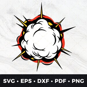 May include: A black and white cartoon explosion with a red and yellow outline. The explosion is shaped like a cloud with sharp points radiating outward.