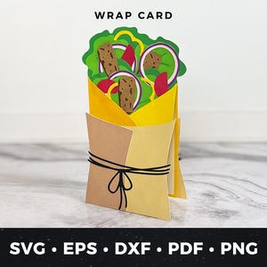 Tarjeta de felicitación envolvente SVG, tarjeta de burrito, tarjeta envolvente DIY, tarjeta de regalo para amantes de la comida, tarjeta de fiesta de envoltura mexicana, tarjeta de cumpleaños para amantes de las envolturas SVG, sándwich PDF
