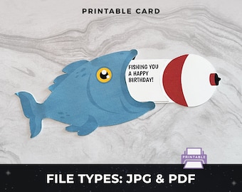 Tarjeta de cumpleaños de pesca imprimible, tarjeta de cumpleaños de pez imprimible, tarjeta de pescador, tarjeta de cumpleaños de pez hecha a mano, tarjeta de feliz cumpleaños hecha a mano para pescar