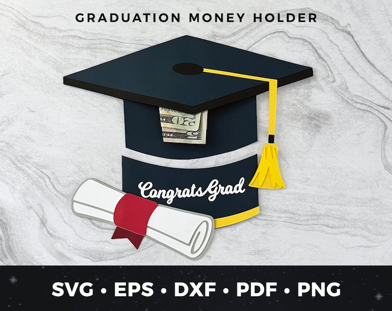 May include: A graduation cap money holder with a diploma and the text "Congrats Grad". The cap is blue with a yellow tassel. The diploma is white with a red ribbon.