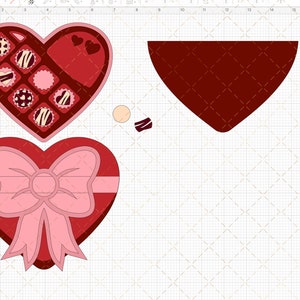 May include: A red heart-shaped box with a pink bow and a separate lid with a chocolate design. The box is made of paper and is ideal for holding small gifts or treats.