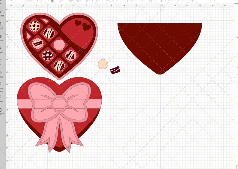 May include: A red heart-shaped box with a pink bow and a separate lid with a chocolate design. The box is made of paper and is ideal for holding small gifts or treats.