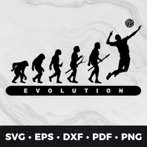 Puede incluir: Una silueta en blanco y negro de la evolución del hombre, que termina con un jugador de voleibol rematando la pelota. El texto "EVOLUTION" está debajo de las siluetas.