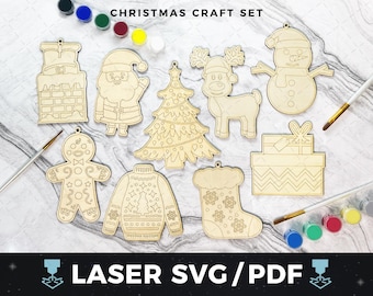 クリスマスオーナメントセット レーザーSVG、ホリデーデコレーションカットファイル、クリスマスツリーオーナメント、キッズクリスマスクラフト、レーザーウッドホリデーオーナメント