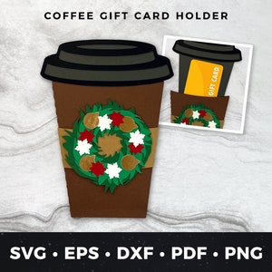 Portatarjetas de regalo de café de Navidad svg, Portatarjetas de regalo de corona navideña svg, Portatarjetas de regalo de café svg, Portamonedas de café, Café svg