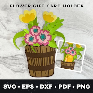 Porta-cartão-presente para vaso de flores, porta-cartão de aniversário faça você mesmo, porta-cartão-presente para dia das mães, artesanato em papel faça você mesmo, buquê de flores de papel, projeto Cricut para cartão faça você mesmo