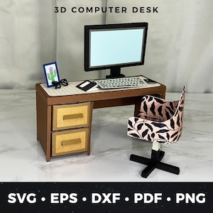 Może przedstawiać: Trójwymiarowy model biurka komputerowego z brązowym blatem, dwoma szufladami i czarnym monitorem komputerowym. Biurko zawiera również klawiaturę, mysz i małą ramkę ze zdjęciem z ilustracją kaktusa. Czarno-różowe krzesło z wzorem liści znajduje się przed biurkiem. Tekst "3D COMPUTER DESK" jest wyświetlany nad biurkiem.