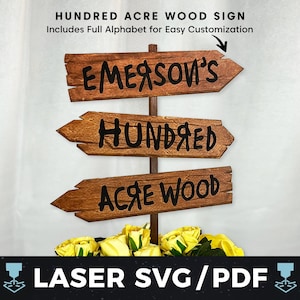 May include: A wooden sign with three directional arrows. The top arrow reads "Emerson's", the middle reads "Hundred", and the bottom reads "Acre Wood". The sign includes the text "Hundred Acre Wood Sign" and "Includes Full Alphabet for Easy Customization".