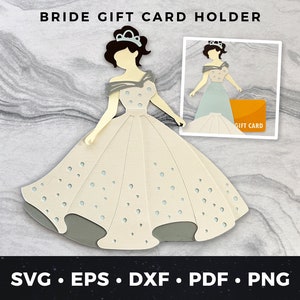 Porta-cartão de presente para chá de panela, cartão de casamento faça você mesmo, svg de noiva, arquivo de corte de noiva, porta-cartão de presente para chá de panela, svg de cartão de princesa, vestido de baile 2