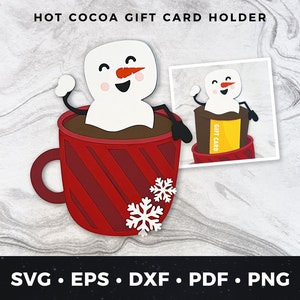 Porta-cartão-presente de chocolate quente boneco de neve svg, Porta-cartão-presente de caneca de chocolate quente svg, Porta-cartão-presente de feriado svg, Arquivo de corte de cartão-presente de café svg