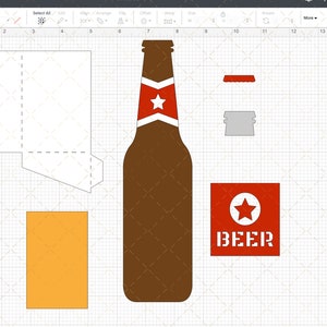 May include: A brown beer bottle with a red star and white label. The bottle is next to a red label with a white star and the word "BEER" in white letters. There is also a red bottle cap and a gray bottle cap.