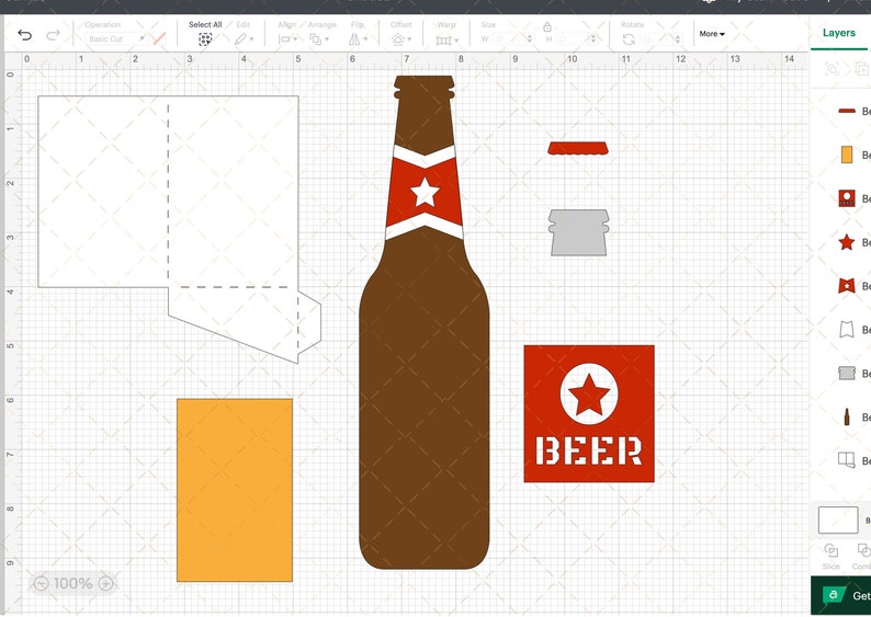 May include: A brown beer bottle with a red star and white label. The bottle is next to a red label with a white star and the word "BEER" in white letters. There is also a red bottle cap and a gray bottle cap.