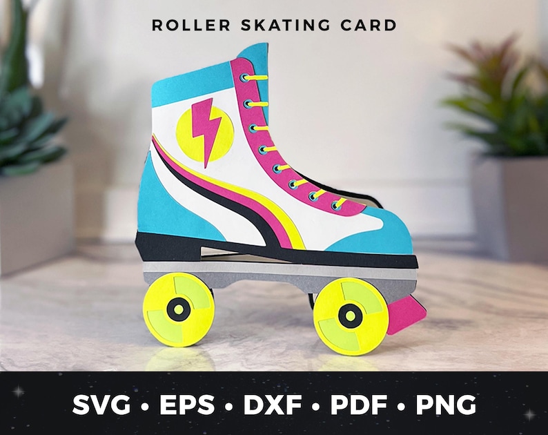 May include: A colorful roller skate card with a blue, white, pink, and yellow design. The skate has a lightning bolt on the side and wheels with yellow spokes.