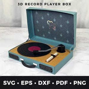 Caja de regalo con tocadiscos de papel 3D SVG, plantilla de caja de regalo con tocadiscos de vinilo retro, caja de regalo de música de papel, caja de regalo retro, tocadiscos Cricut